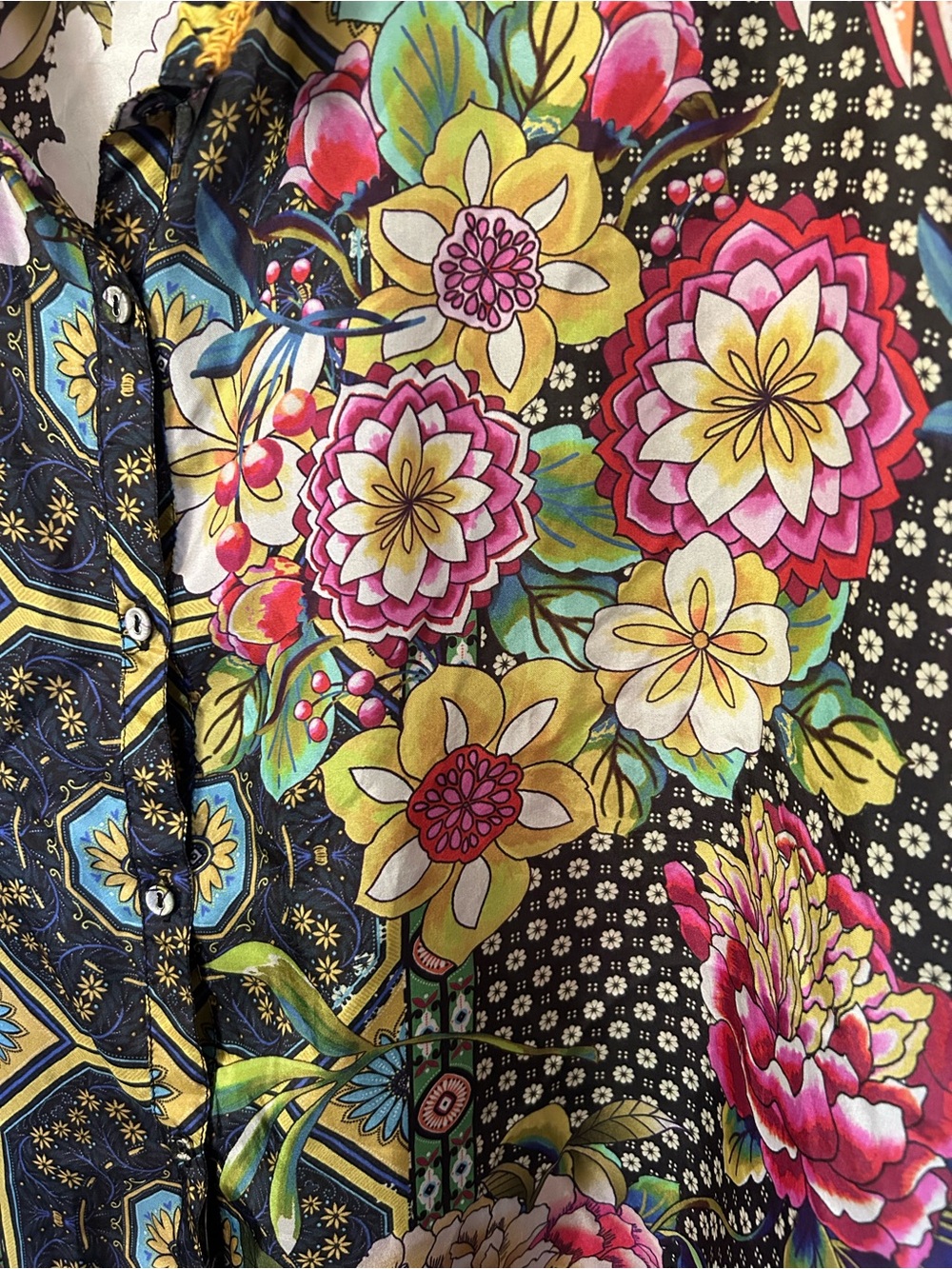 Johnny Was Floral Silk Button Down Top - Picture 3 of 8